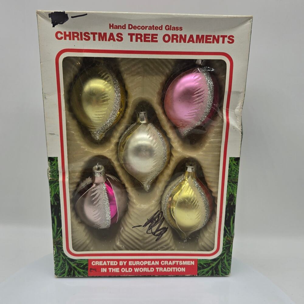 Vintage Glass Teardrop Glitter Ornaments Commodore Romania Set of 5 Multicolor
